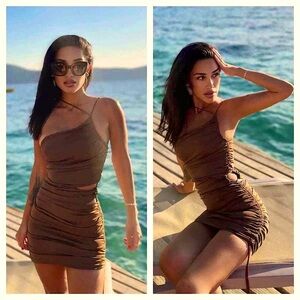 NWOT Zara Brown Asymmetric Draped Cut Out Ruched Mini Dress